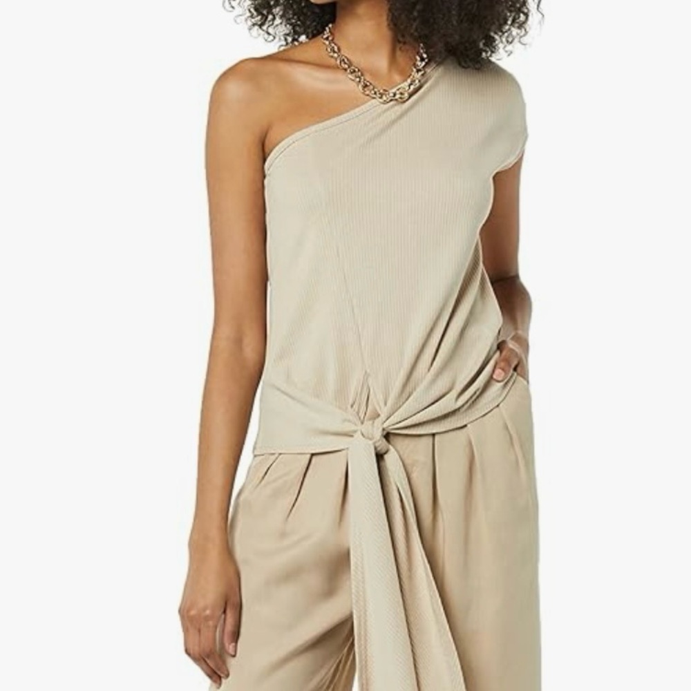 Terea Beige One Shoulder Ribbed Tie Front Top Size S - Picture 4 of 9